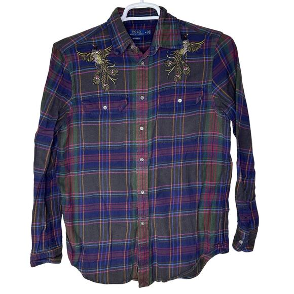 Polo Ralph Lauren Women's Medium Flannel Shirt Plaid Embroidered Peacock GUC - Picture 1 of 6